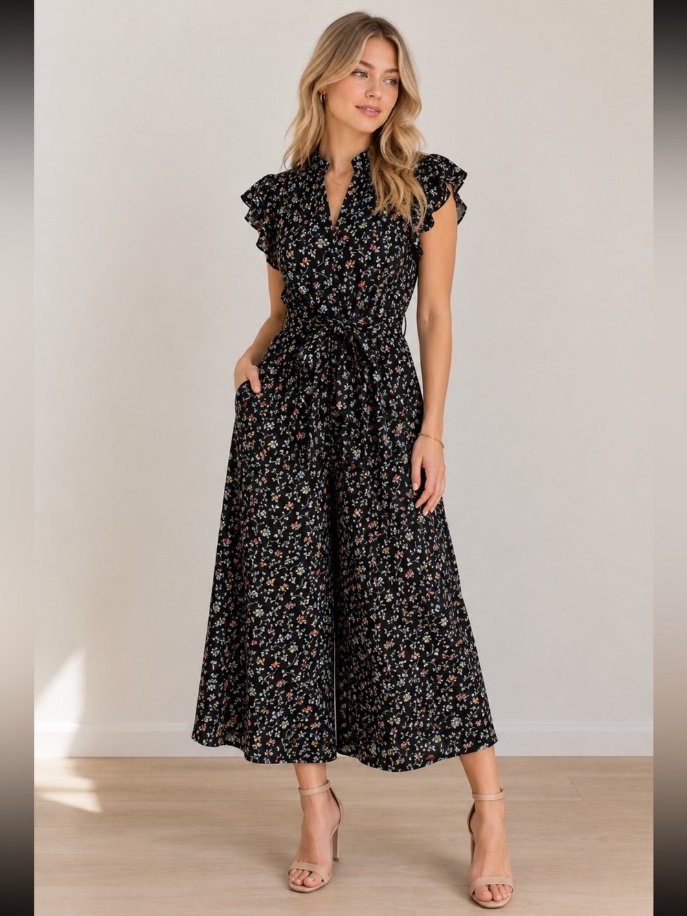 Rebecca Taylor Women's Black Sleeveless Vine Print Silk Jumpsuit Size 2 - 8259